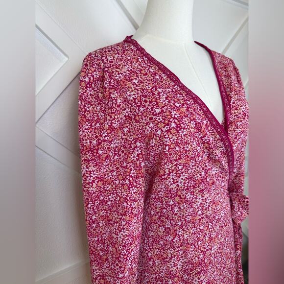 Max Studio Floral Dot Print Balloon Sleeve Wrap Dress In Dark Pink Size Large - Picture 4 of 10